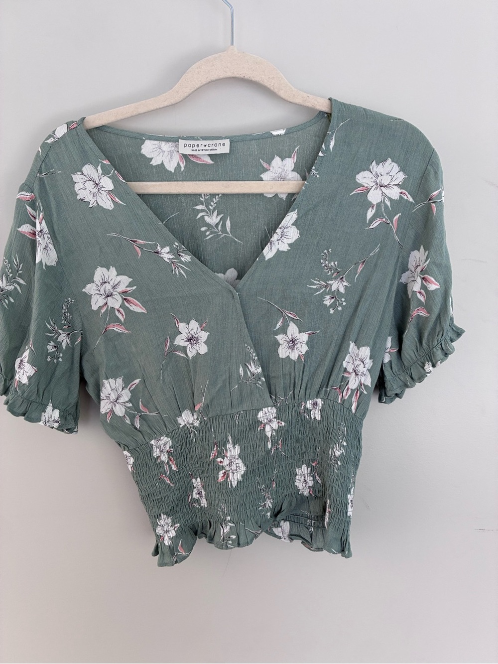 Paper Crane Sage Green Floral Smocked V-Neck Crop Top